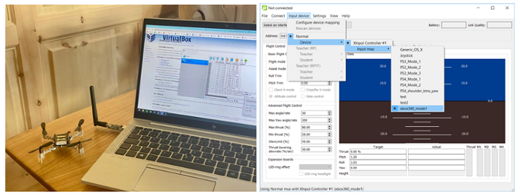 Photo of the CrazyFlie drone with antennae connected to a laptop (left); and screenshot of the drone program software (right). 