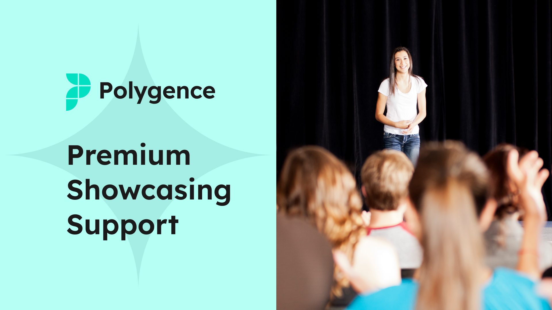 Premium Showcasing Support Program intro video cover image featuring a student presenting on stage