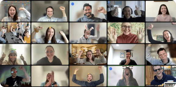 Team members celebrating anniversary on Zoom call